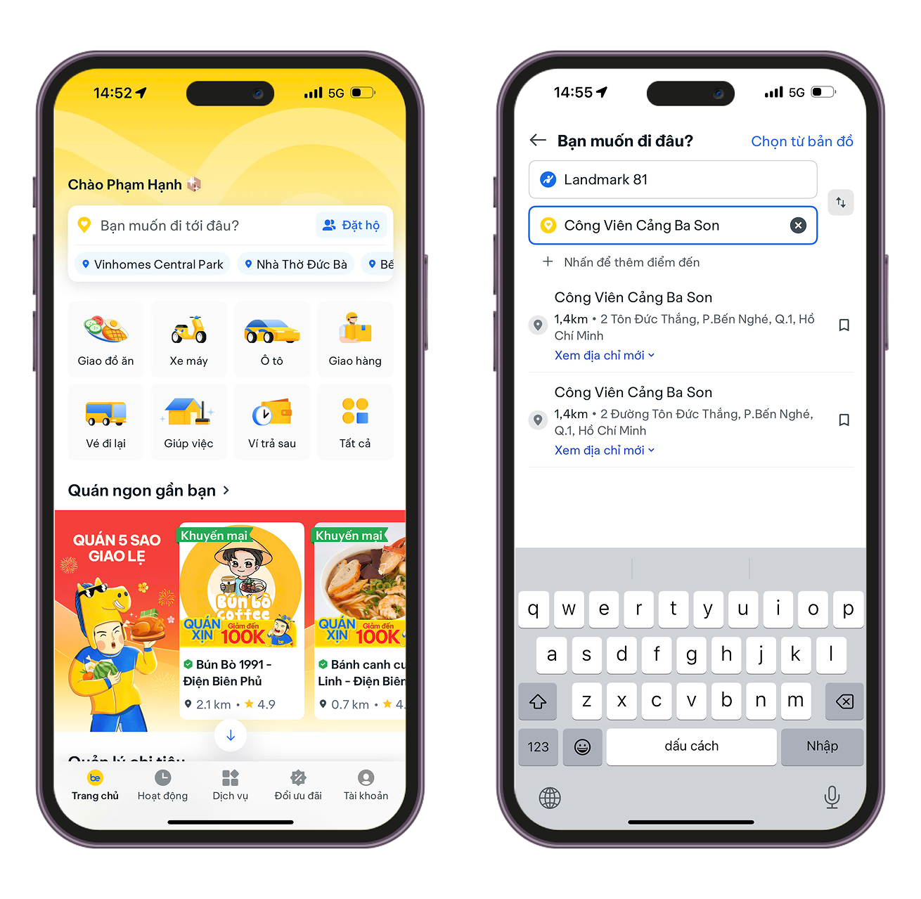 Chọn dịch vụ xe máy và nhập điểm đến